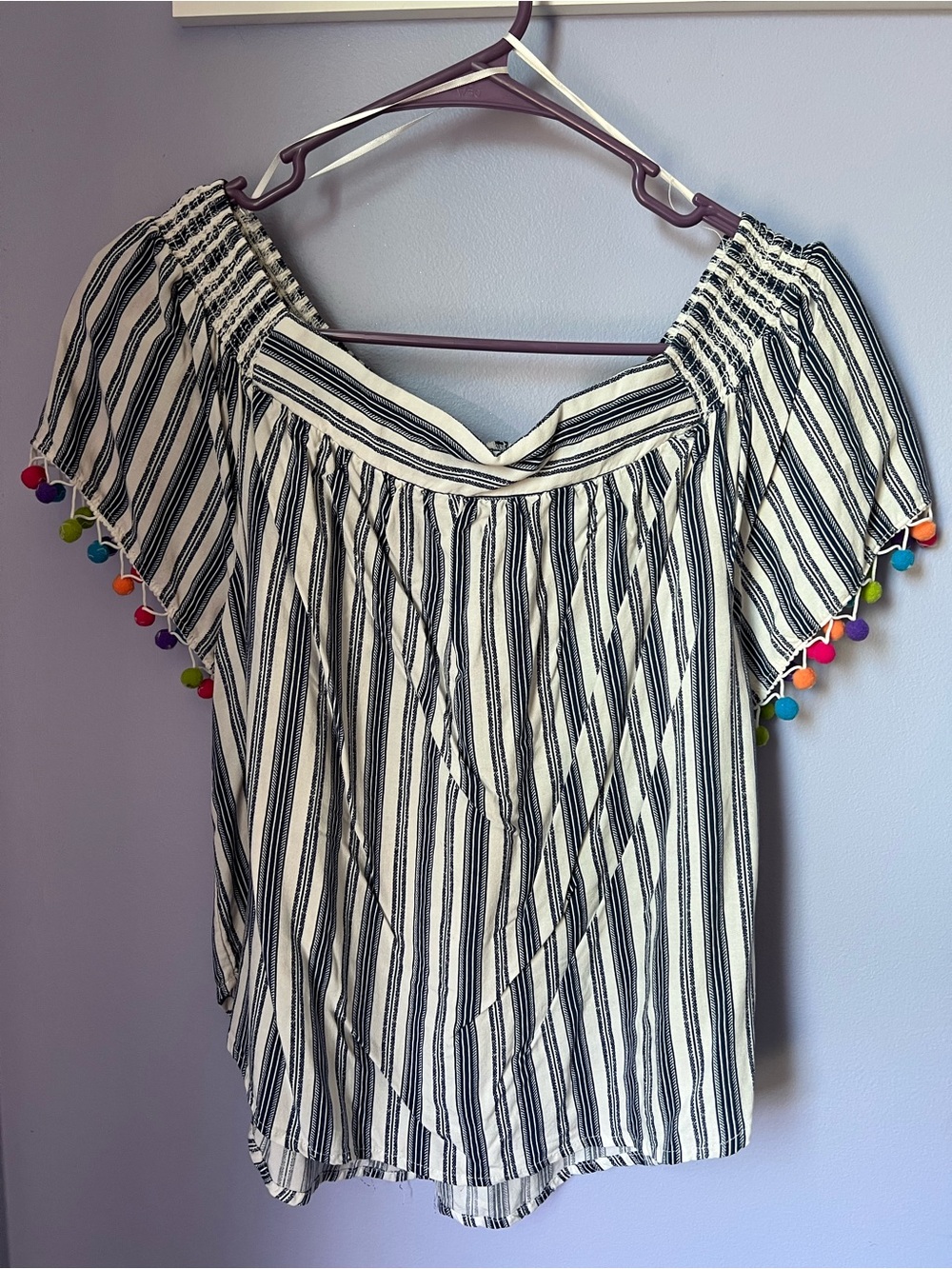 Lily White Black & White Striped Off-Shoulder Top with Colorful Pom Trim